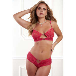 G-World - 2pc Laced Open Front Bustier and Boyshort Panty - Watermelon Splash